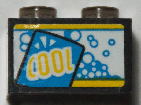 Lego Brick 1 x 2 without Bottom Tube with Dark Azure Bubbles and Yellow 'COOL' Pattern (Sticker) - Set 70422