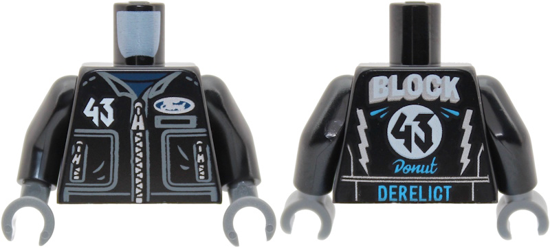 Lego Torso Racing Jacket with Dark Blue Undershirt, Dark Bluish Gray Collar and Pockets, White '43', Silver Zippers and Ford Logo, 'BLOCK', Dark Azure 'Donut' and 'DERELICT' on Back Pattern / Black Arms / Dark Bluish Gray Hands