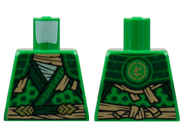 Lego Torso Tunic, Dark Green Hems and Shoulder Pads, Tan Tattered Scarf and Sash, Gold Ninjago Logogram Letter L on Back Pattern / Green