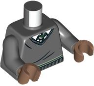 Lego Torso V-Neck Sweater, White Collar, Green and White Tie and Waist Trim (Slytherin) Pattern / Dark Bluish Gray Arms / Medium Brown Hands