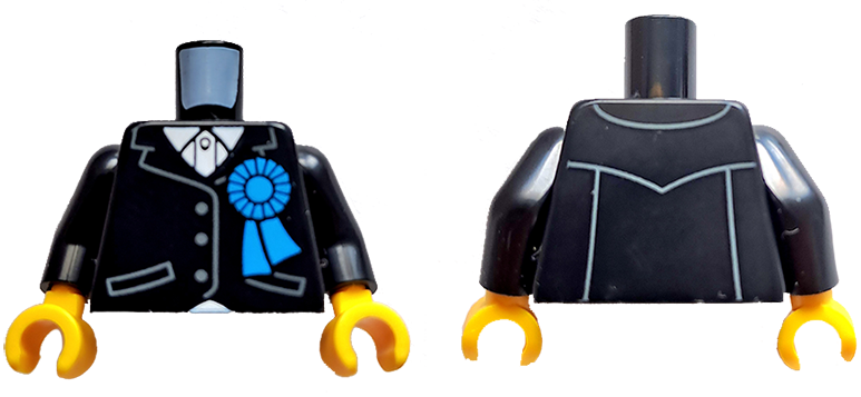 Lego Torso Riding Jacket with Pockets, 3 Buttons and Dark Azure Award Ribbon over White Shirt Pattern (BAM) / Black Arms / Yellow Hands
