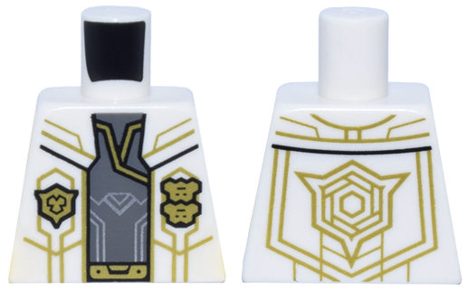 Lego Torso Lab Coat Open with Gold Geometric Lines, Badges and Hexagon Emblem over Dark Bluish Gray Robe with Buckle Pattern / White