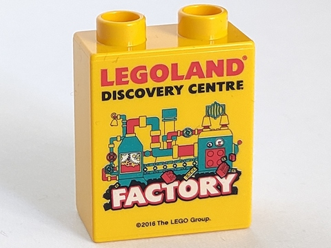 Lego Duplo, Brick 1 x 2 x 2 with LEGOLAND Discovery Centre Factory 2016 Pattern / Yellow