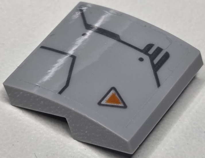 Lego Slope, Curved 2 x 2 x 2/3 with Armor Plates with Dark Bluish Gray Outlines and Rivets and Orange Triangle Pattern Model Right Side (Sticker) - Set 76232