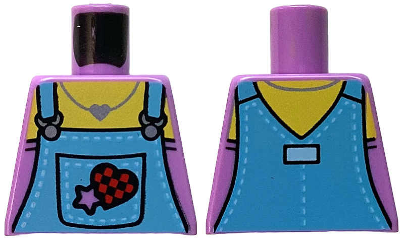 Lego Torso Medium Blue Overalls with Buckles, Star and Red Heart on Pocket, Yellow Neck with Silver Necklace Pattern / Medium Lavender