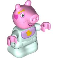 Lego Duplo Figure Baby, Bright Pink Pig Head, Lavender Bib with Yellow Duck Print / Light Aqua
