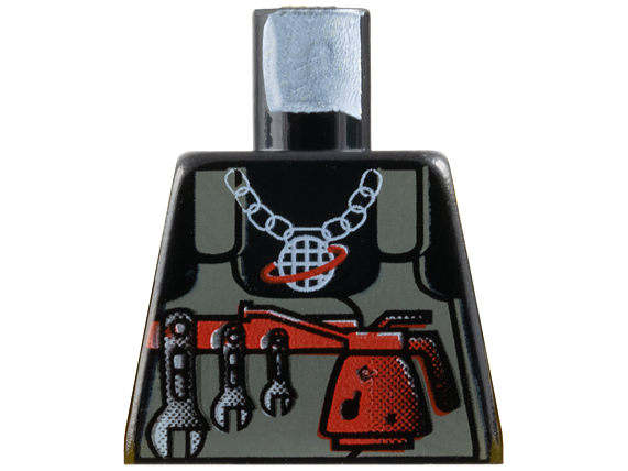 Lego Torso Alpha Team Logo on Necklace, Dark Gray Vest, Tools Pattern / Black