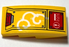 Lego Slope, Curved 4 x 2 with Armor Plates, White Swirls, Lines and Exclamation Mark in Circle on Red Warning Sign Pattern Model Right Side (Sticker) - Set 80013 / Yellow