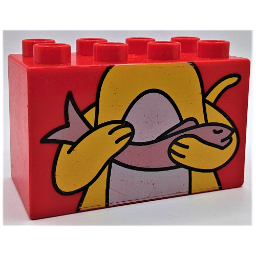 Lego Duplo Brick 2 x 4 x 2 with Yellow Cat, Top Half Holding Fish Print