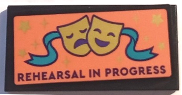 Lego Tile 2 x 4 with 'REHERSAL IN PROGRESS', Dark Turquoise Banner, Gold Stars and Tragedy/Comedy Theater Masks on Coral Background Pattern (Sticker) - Set 41714