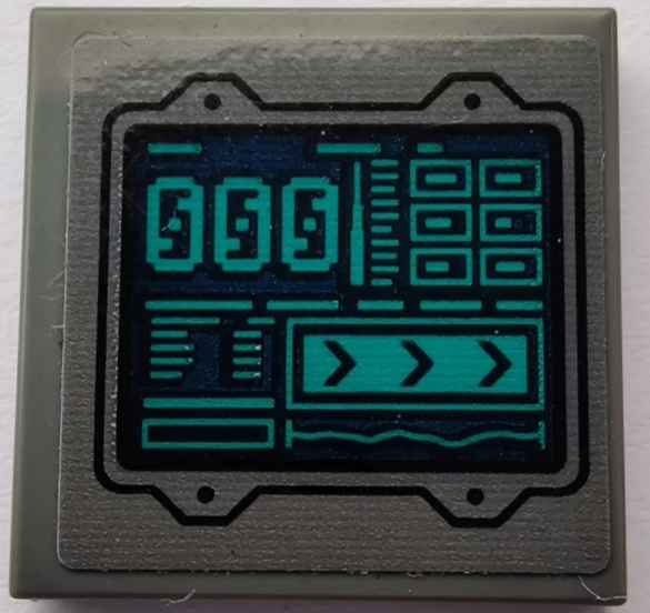 Lego Tile 2 x 2 with Display Screen with Dark Turquoise '000', Rectangles and Lines on Dark Blue Background Pattern (Sticker) - Set 76240 / Dark Bluish Gray