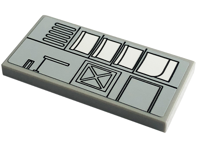 Lego Tile 2 x 4 with Lunar Lander Hull Plates Pattern 1 (Sticker) - Set 10266 / Light Bluish Gray