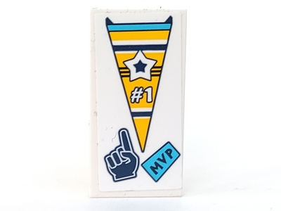 Lego Tile 2 x 4 with Yellow Pennant with Star and '#1', Dark Blue 'MVP' and Pointing Finger Hand Pattern (Sticker) - Set 41328 / White