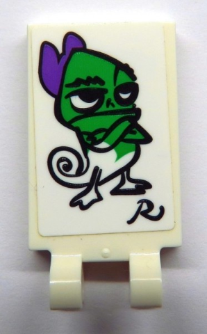 Lego Tile, Modified 2 x 3 with 2 Open O Clips with Painting of Bright Green Chameleon with Medium Lavender Bow (Pascal) and Capital Letter R Signature Pattern (Sticker) - Set 41156 / White