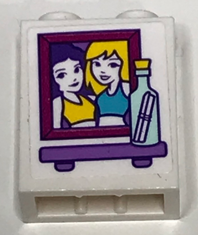 Lego Brick 1 x 2 x 2 with Inside Stud Holder with Girls in Picture and Glass Bottle on Shelf Pattern (Sticker) - Set 41317 / White