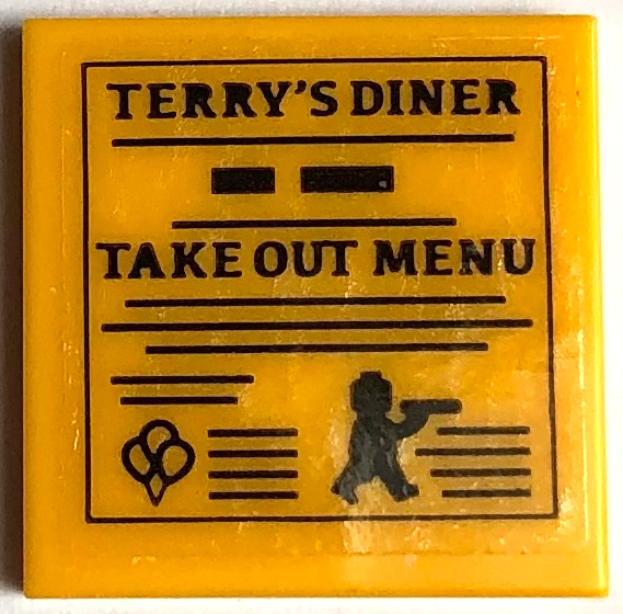 Lego Tile 2 x 2 with Black 'TERRY'S DINER' and 'TAKE OUT MENU' Pattern (Sticker) - Set 21336 / Bright Light Orange