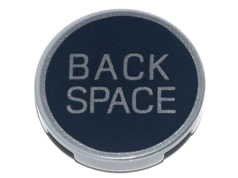 Lego Tile, Round 2 x 2 with Bottom Stud Holder with Metallic Silver 'BACK SPACE' Pattern