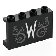 Lego Panel 1 x 4 x 2 with White 'W', Dark Bluish Grey Spirals Print / Black