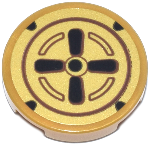 Lego Tile, Round 2 x 2 with Bottom Stud Holder with Black and Reddish Brown Hubcap Pattern (Sticker) - Set 72038 / Pearl Gold