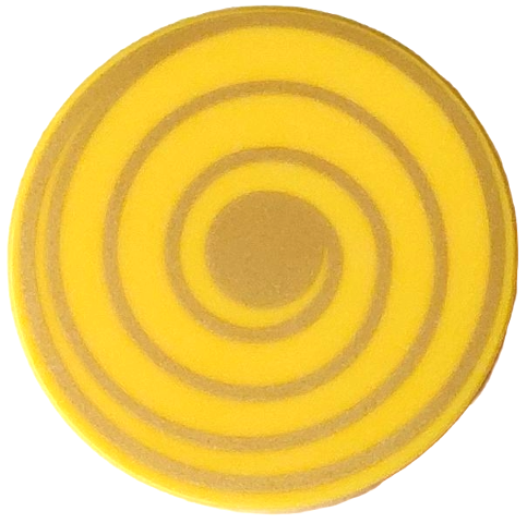 Lego Tile, Round 3 x 3 with Gold Spiral Swirl and Center Circle Pattern / Yellow