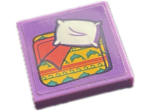 Lego Tile 2 x 2 with White Pillow, Coral and Yellow Blanket with Dark Turquoise Dolphins Pattern (Sticker) - Set 41716