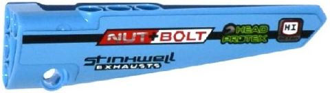 Lego Technic, Panel Fairing # 6 Long Smooth, Side B with 'HI OCTAN', 'HEAD PROTEX',  'NUT BOLT' and 'STINKWELL EXHAUSTS' Pattern (Sticker) - Set 42037 / Medium Blue
