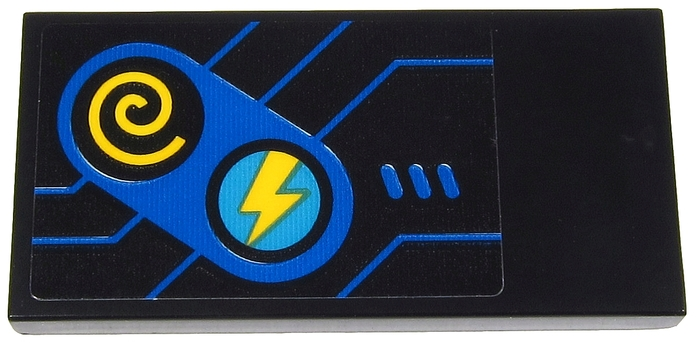 Lego Tile 2 x 4 with Blue Game Controls with Yellow Lightning Bolt and Spiral Buttons and Blue Lines on Black Background Pattern (Sticker) - Set 71711