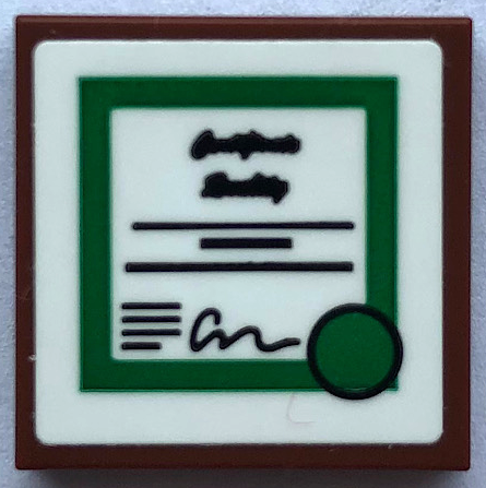 Lego Tile 2 x 2 with Certificate, Black Writing and Lines, Green Circle and Border Pattern (Sticker) - Set 21336 / Reddish Brown