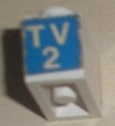 Lego Brick 1 x 2 with White 'TV 2' on Blue Pattern both ends (Stickers) - Set 664-1