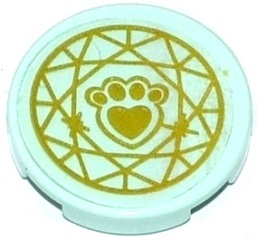 Lego Tile, Round 2 x 2 with Bottom Stud Holder with Gold Paw Print with Heart and Circular Geometric Pattern (Sticker) - Set 41142 / Light Aqua
