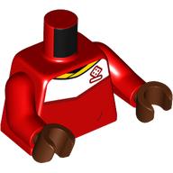 Lego Torso Soccer Shirt, White Top, Yellow Collar, Dice Logo Print, Red Arms, Reddish Brown Hands / Red