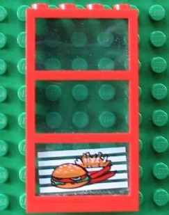 Lego Window 1 x 4 x 6 with 3 Panes with Fixed Trans-Light Blue Glass with Hamburger and French Fries Pattern (Sticker) - Set 4556