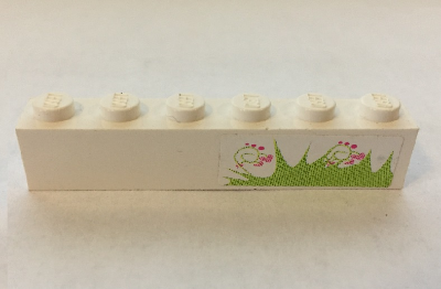 Lego Brick 1 x 6 with Grass and Hearts Pattern (Sticker) - Set 7586 / White