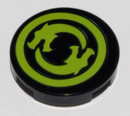 Lego Tile, Round 2 x 2 with Bottom Stud Holder with Solid Lime Circle Border with Circling Dragons Pattern