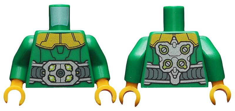 Lego Torso Armor with Gold Shoulders, Large Silver Belt with Lime Highlights and Arm Attachments on Back Pattern / Green Arms / Bright Light Orange Hands