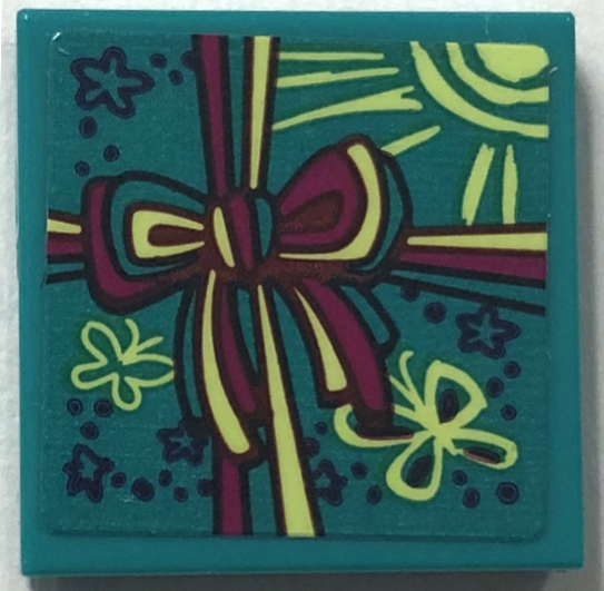 Lego Tile 2 x 2 with Present / Gift with Ribbon with Bow, Butterflies, Flowers and Sun Pattern (Sticker) - Set 43202