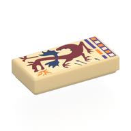 Lego Tile 1 x 2 with Dark Red Dragon, Dark Blue Wings, Orange Flames, Decorations Print / Tan