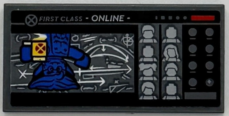 Lego Tile 2 x 4 with Computer Screen with 'FIRST CLASS', 'ONLINE', Blue Wolverine Minifigure and Heads Pattern (Sticker) - Set 76294 / Dark Bluish Gray