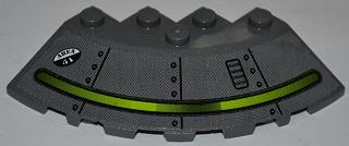 Lego Brick, Round Corner 6 x 6 with Slope 33 Edge, Facet Cutout with Alien Ship Dark Gray Pattern and 'AREA 51' (Sticker) - Set 7052 / Dark Bluish Gray