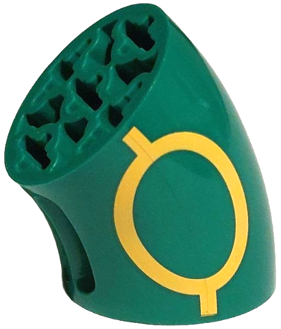 Lego Brick, Round 3 x 3 D. 45 degrees Elbow with Axle Holes with Yellow Oval and Lines Pattern on Both Sides (Pokémon Rayquaza Body) / Green