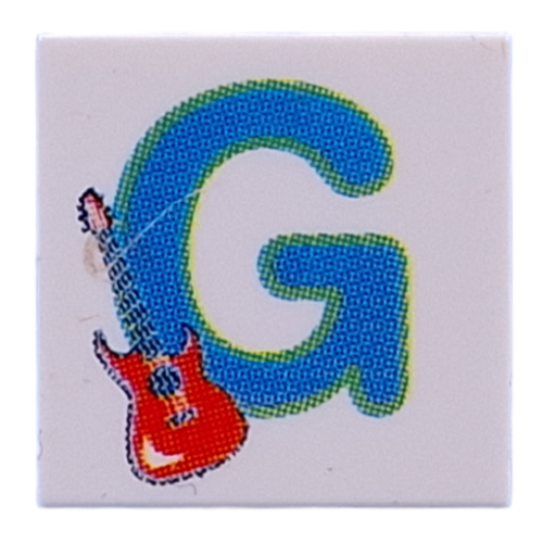 Lego Tile 2 x 2 with Blue 'G', Guitar Print / White
