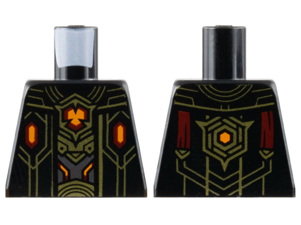 Lego Torso Robe Open with Dark Red and Orange Hexagonal Crystals and Gold Lines over Armor Pattern / Black