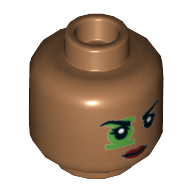 Lego Minifig Head Green Lantern (Jessica Cruz), Dual Sided, Eyebrows, Green Lantern Logo over Eye, Red Lips Black Eyes / Green Eyes Print [Hollow Stud] / Medium Nougat