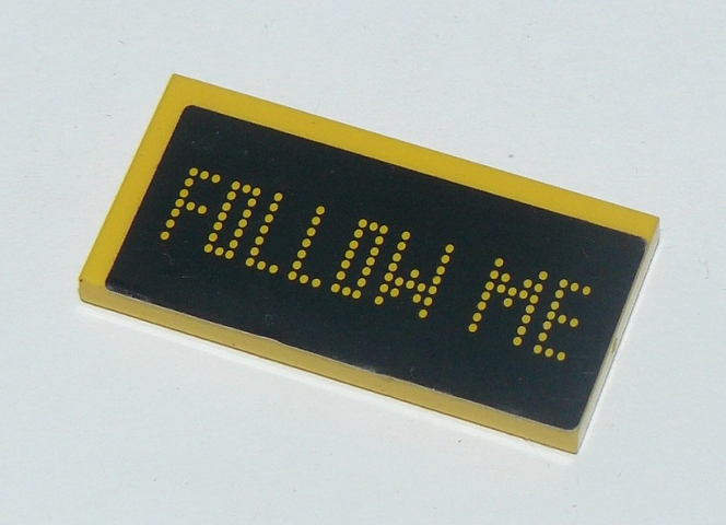 Lego Tile 2 x 4 with Digital Yellow 'FOLLOW ME' on Black Background Pattern (Sticker) - Set 60103 / Yellow