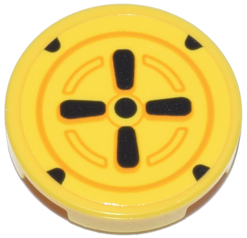 Lego Tile, Round 2 x 2 with Bottom Stud Holder with Black and Orange Hubcap Pattern (Sticker) - Sets 72032 / 72035 / 72038 / 72043 / 72044 / 72045