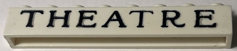 Lego Brick 1 x 8 without Bottom Tubes with Cross Side Supports with Black 'THEATRE' Serif Medium Pattern