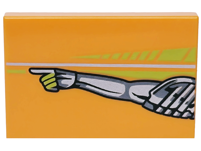 Lego Tile 2 x 3 with Tile 2 x 3 with Lime Stripes, Silver and Dark Silver Toyota Supra MK4 Mechanical Arm and Pointing Hand Pattern Model Left Side / Orange