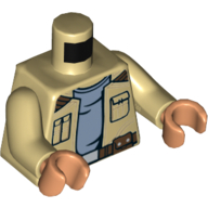 Lego Torso Jacket with Pockets, Dark Brown Belt and Sand Blue Undershirt Print (Rowan), Tan Arms, Nougat Hands / Tan