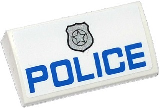 Lego Slope, Curved 2 x 4 x 2/3 with Bottom Tubes with Blue 'POLICE', Silver Star Badge Logo Pattern (Sticker) - Sets 60043 / 60047 / White