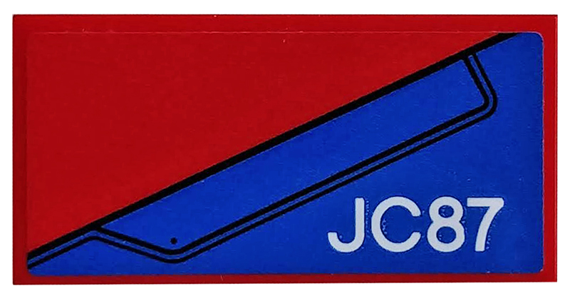 Lego Tile 2 x 4 with Blue Wing Panel and 'JC87' on Red Background Pattern Model Left Side (Sticker) - Set 76076